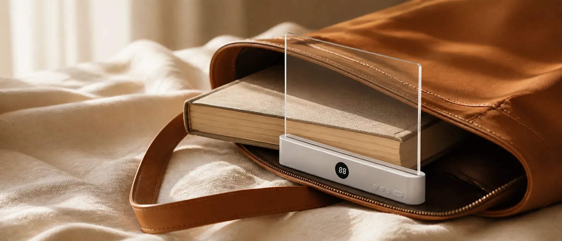 Slim white Lumalli packed beside a hardcover book in a leather travel bag