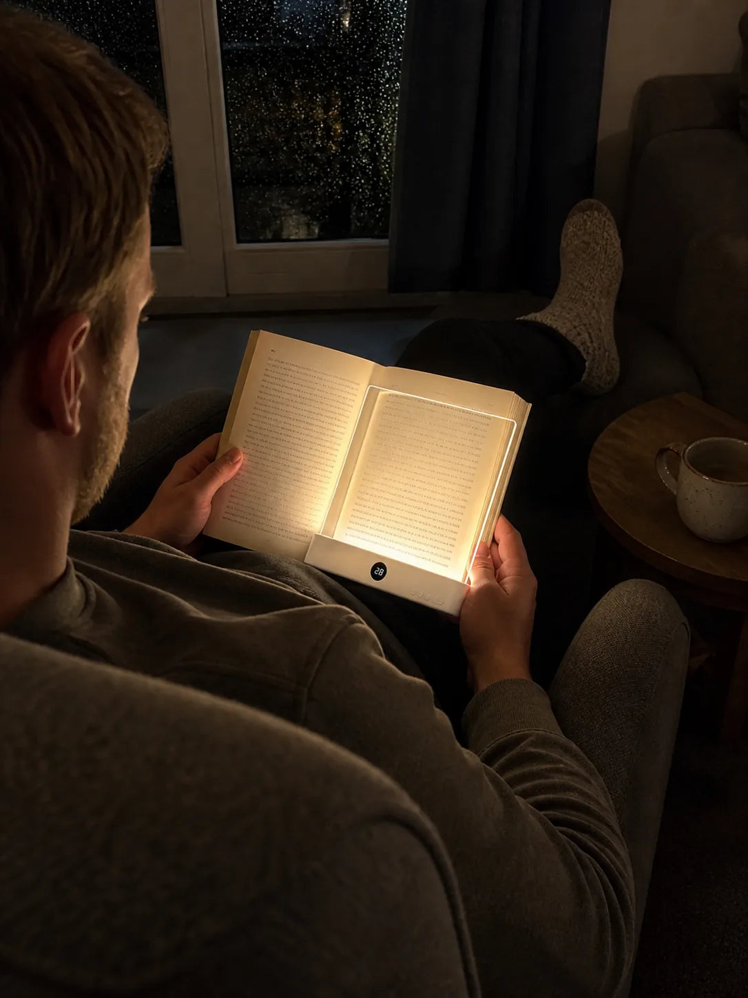 Reader using Lumalli in an armchair on a rainy evening