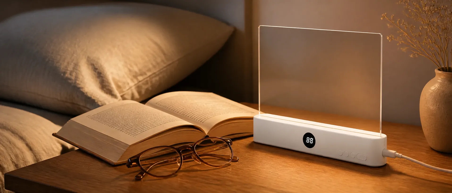 Lumalli charging on a warm bedside table beside an open book