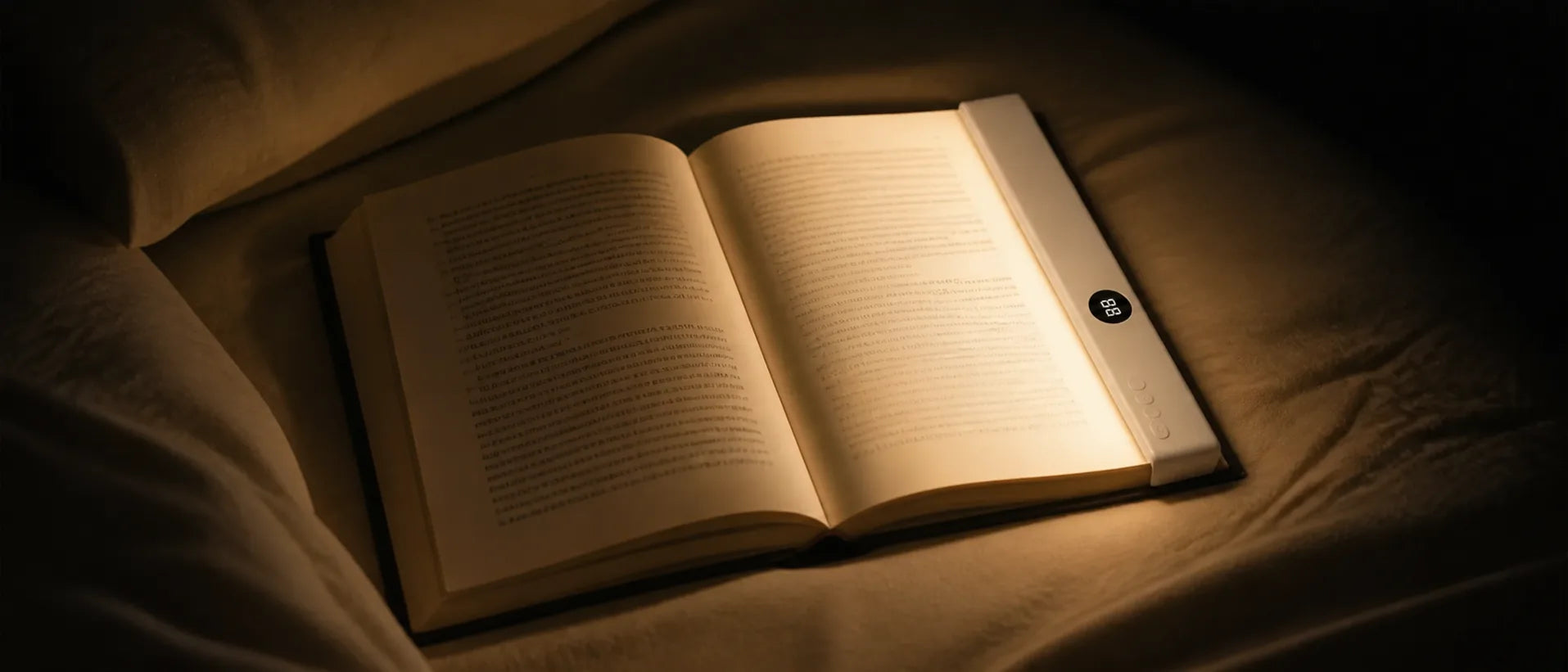 Warm page-focused reading light with Lumalli in a dark restful room