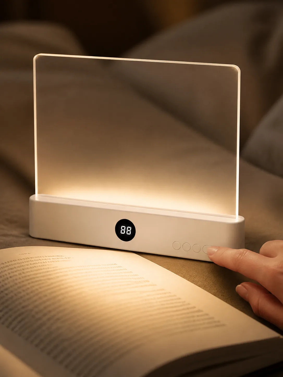Lumalli brightness control being adjusted beside an open book