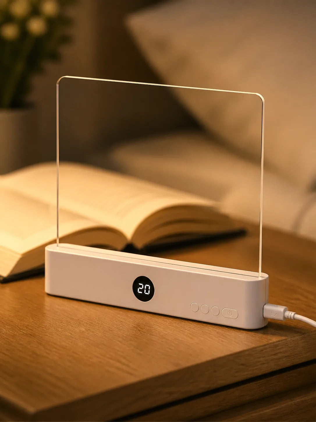 White Lumalli charging beside a book with its timer display visible