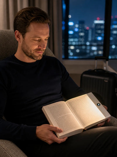 Traveler reading in a hotel armchair with Lumalli lighting the page